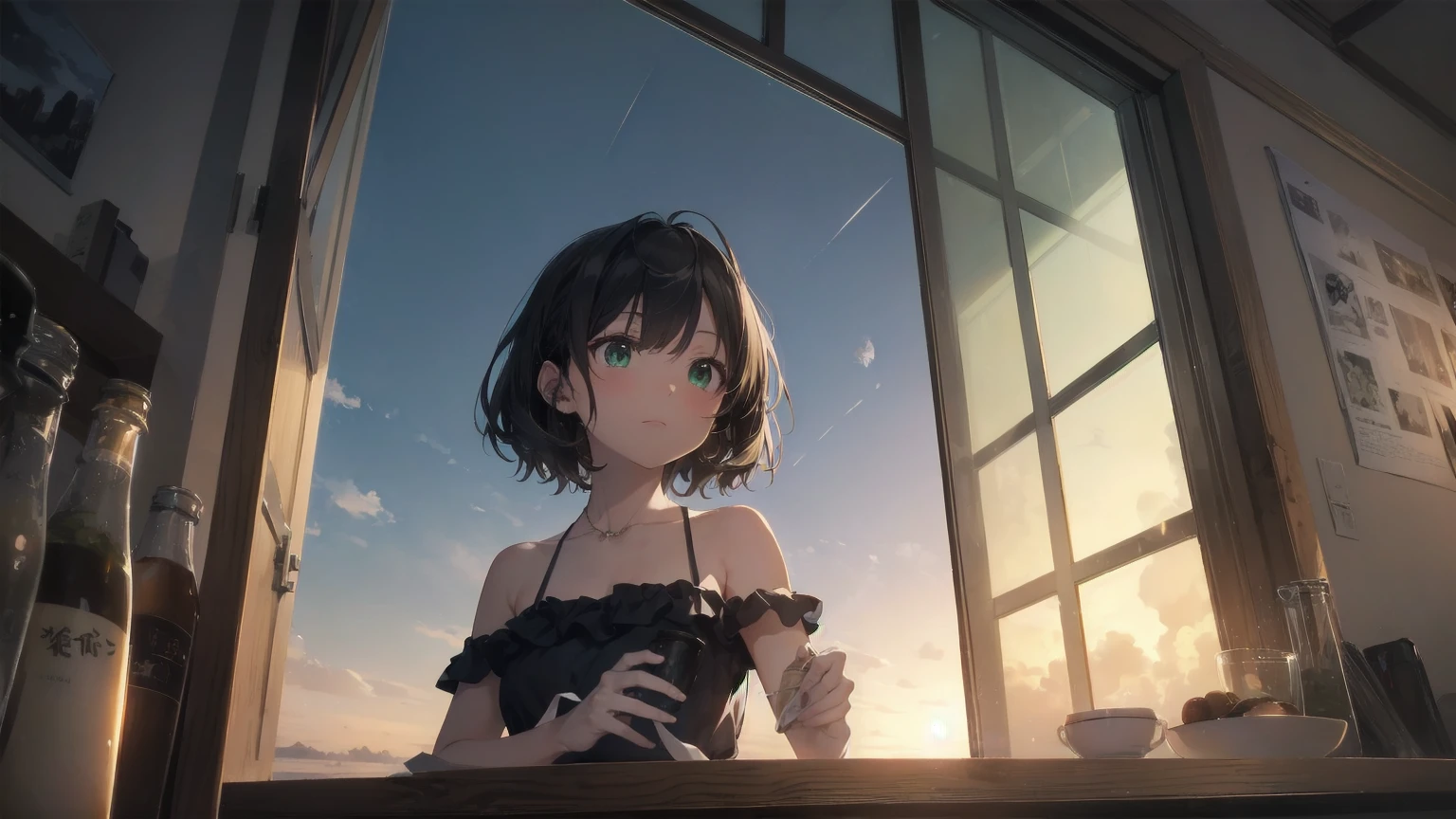 Highest quality, Anime Moe Art Style,Best Anime 8K Konachan Wallpaper,Pixiv Contest Winners,(masterpiece:1.2), (Highest quality:1.2), (1 female), (Hair Tube), (Black Hair), (Bandeau), (Green Eyes), (looking out window), (Sunburn), (short hair)
break
(Cozy izakaya), (window), (that'It's raining outside), (moon), (Quiet town)
break
(masterpiece, Highest quality, Very detailed:1.2), (Perfect lighting ), (From below), (Color Splash), (From below), (Erotic sensations), (Written boundary depth) Let me'Let's take a look, Dark Skin, necklace, white Bandeau, belt, salon, Braces, anklet