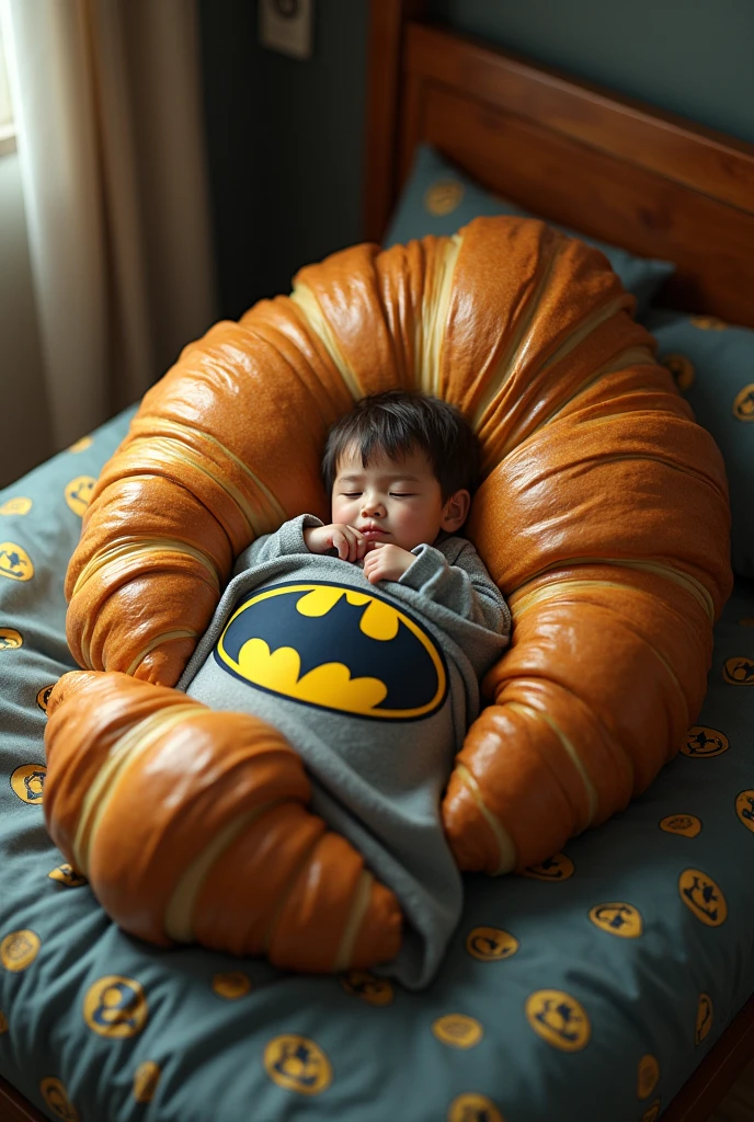 Example of a croissant-shaped mattress using a Batman sheet and there is a small child sleeping using a batman bedcover the thick one