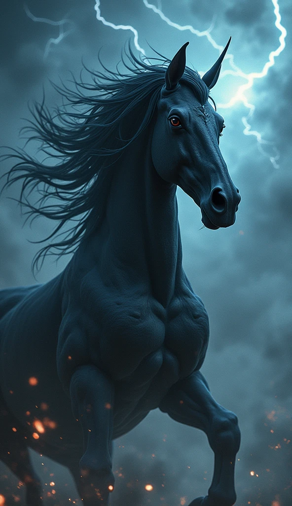 "A powerful fusion of Vortex and a centaur-like form. The creature has the body of a muscular horse with a sleek, dark black coat and long, flowing black hair. Its human face, with piercing eyes and a single, prominent horn extending from its forehead, contrasts sharply with its beastly form. The face is adorned with long black hair, giving it a dark and mystical appearance. The background is a stormy sky, filled with crackling lightning and dark, swirling clouds, casting an ominous light across the scene. The entire composition exudes a sense of raw, elemental power and mystical energy, with the lightning illuminating the contours of the creature's dark form and highlighting the intensity of its gaze."
