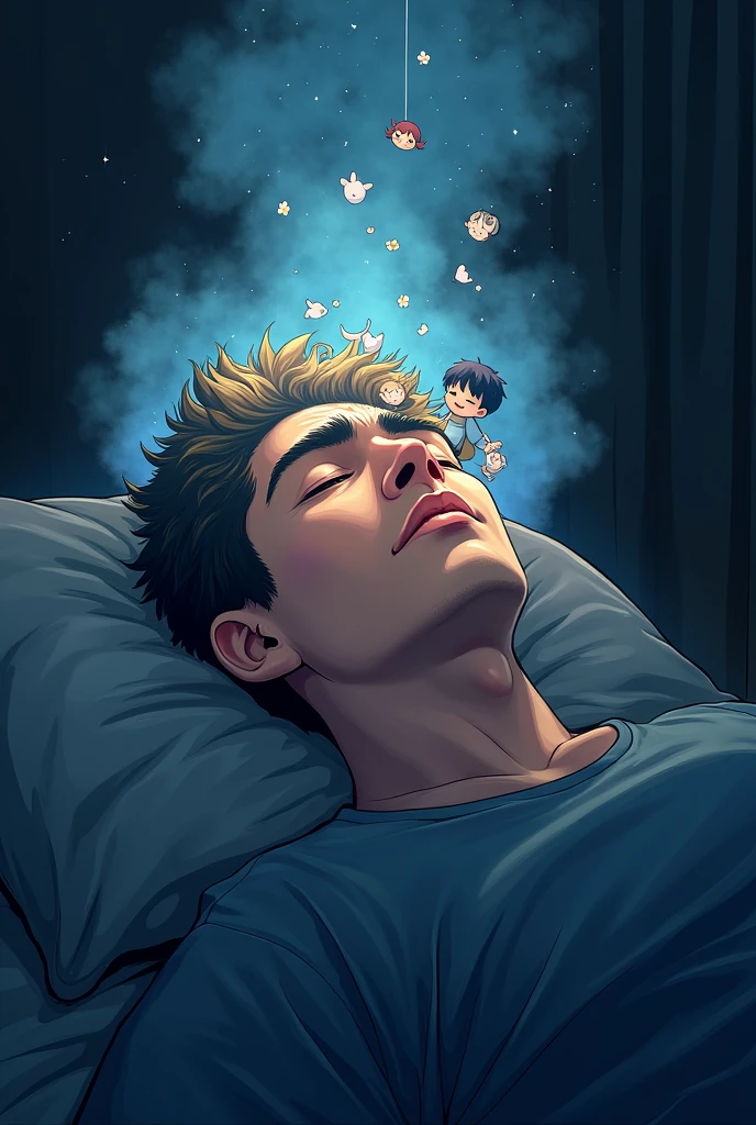 A tired-looking man is lying in the dark room with his eyes closed and in his imaginary world, with a bright haze over his head and in the haze a lot of chibi anime characters are smiling and playing around happily