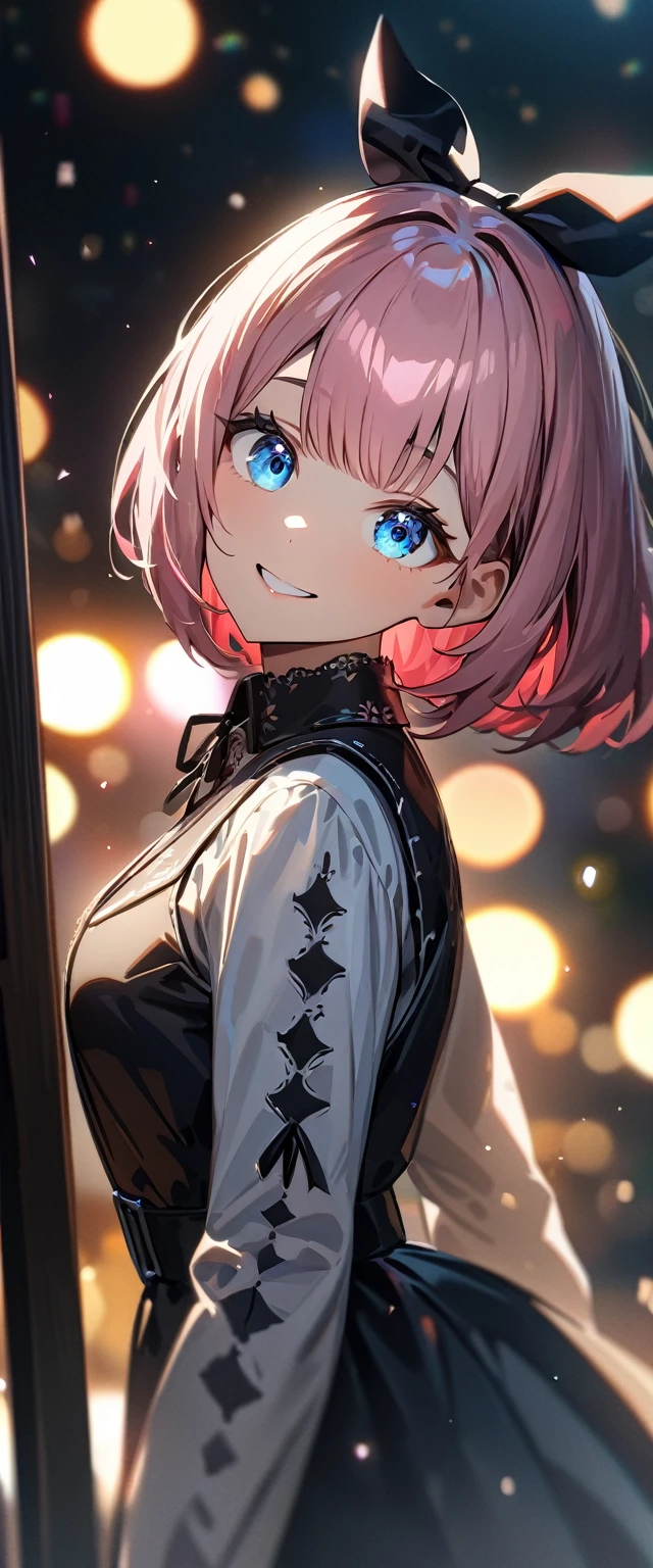 (((One girl))), Shibuya, long pink hair, bob cut, (looking at viewer), upper body, breasts, teenager, head tilt:1.3, (((blue eye))), constricted pupils, (from side:1.3), ((happy smile)), gothic lolita:1.3, hair ornament, hair ribbon, anime style, (best quality, 4k, 8k, highres, masterpiece:1.2, ultra-detailed, ultra-detailed eyes, HDR, UHD, studio lighting, ultra-fine painting, sharp focus, physically-based rendering, extreme detail description, professional, vivid colors, bokeh)