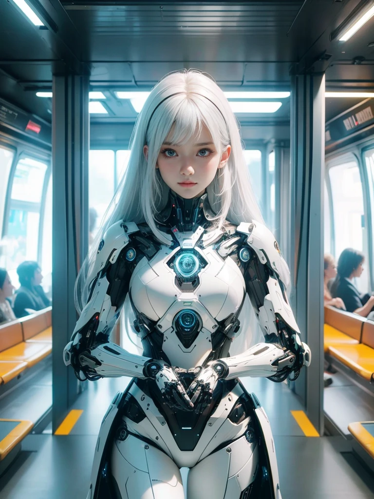 {{Girl holding the railing in the subway car,best quality, 1080P, masterpiece, Ultra-high resolution, Reality, 超Reality主义, Realistic skin texture, Ultimate skin detail, Digital SLR Camera, Exquisite eyes, Facing the camera, Very beautiful face, Simple facial structure, Pale skin, Realistic skin texture, Ultimate skin detail, oc render reflection texture, Realistic light and shadow, Single image, solitary, White hair, fit、balance., 20 years old, Height 165cm, girl, Transparent futuristic black glass mech suit, The mechanical cervix is attached to the neck., Circuit stuck in the middle of the back., Perfect robotic arm, Half-length photo, Half-length photo.}}