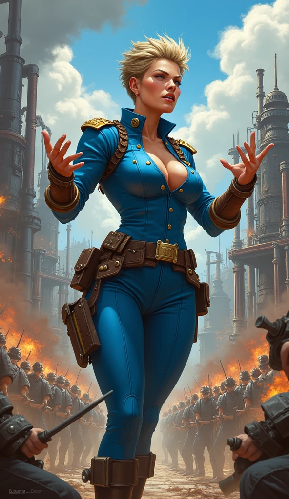 Arte em cores estilo Alex Horley, General Athletic Lined Woman Steampunk, trajando farda Azul, Dynamic shouting orders, Steampunk war scenario, Ultra HD images definition 3840x2160.