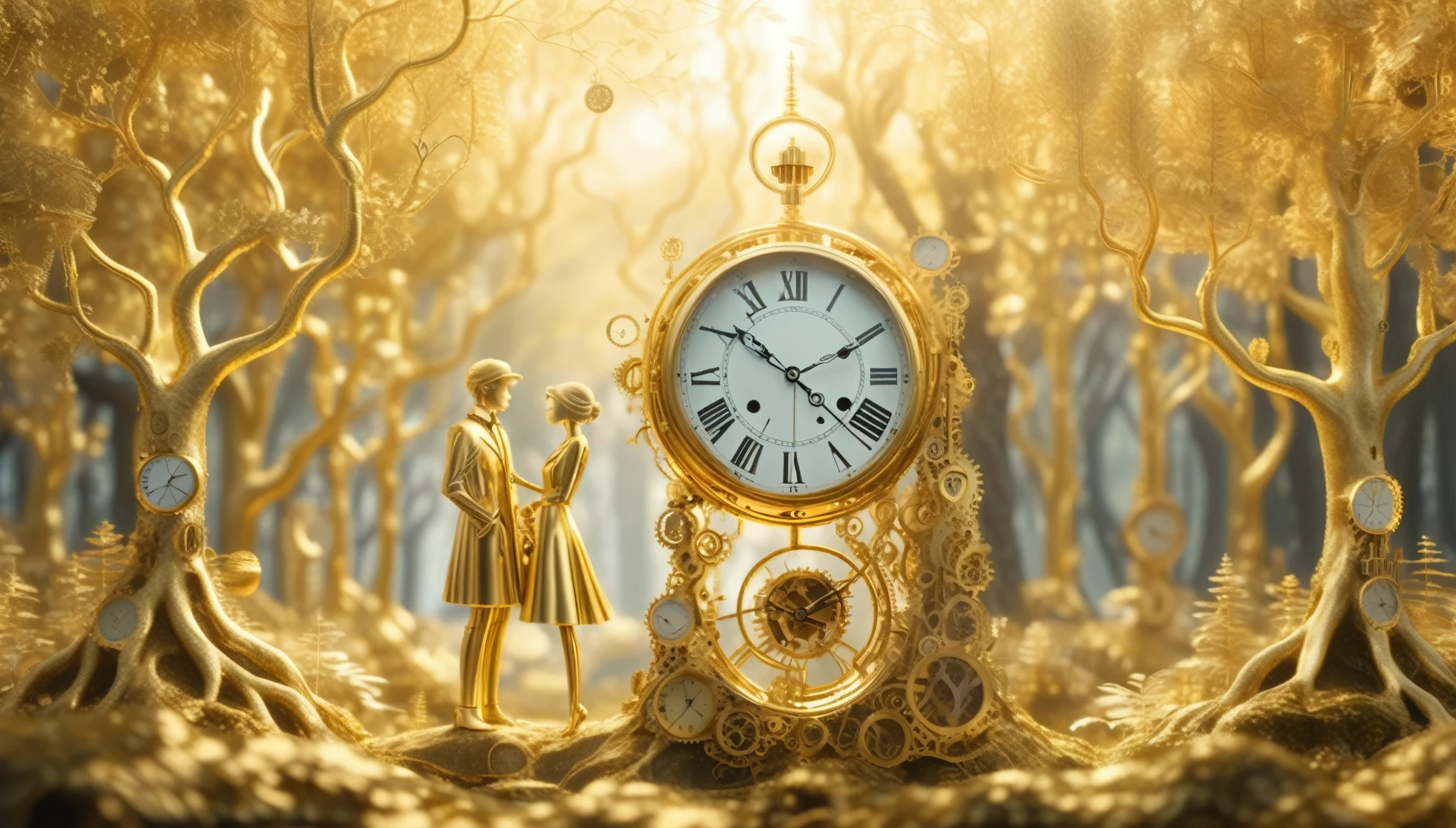 timeart golden clock lovers in forest