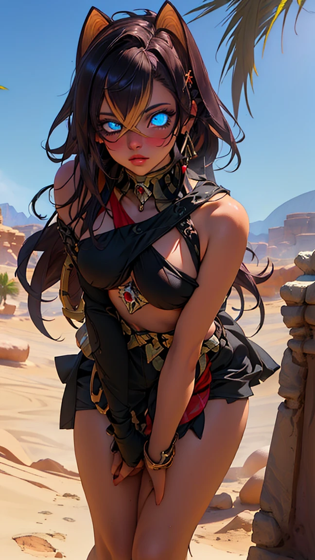 (masterpiece:1.2), best quality, high resolution, unity 8k wallpaper, (illustration:0.8), (beautiful detailed eyes:1.6), extremely detailed face, perfect lighting, extremely detailed CG, (perfect hands, perfect anatomy), leaning forward showing her chest, sexy, NSFW, blush, looking at viewer, small boobs, sexy pose, (in a twilight oasis), (ancient desert)