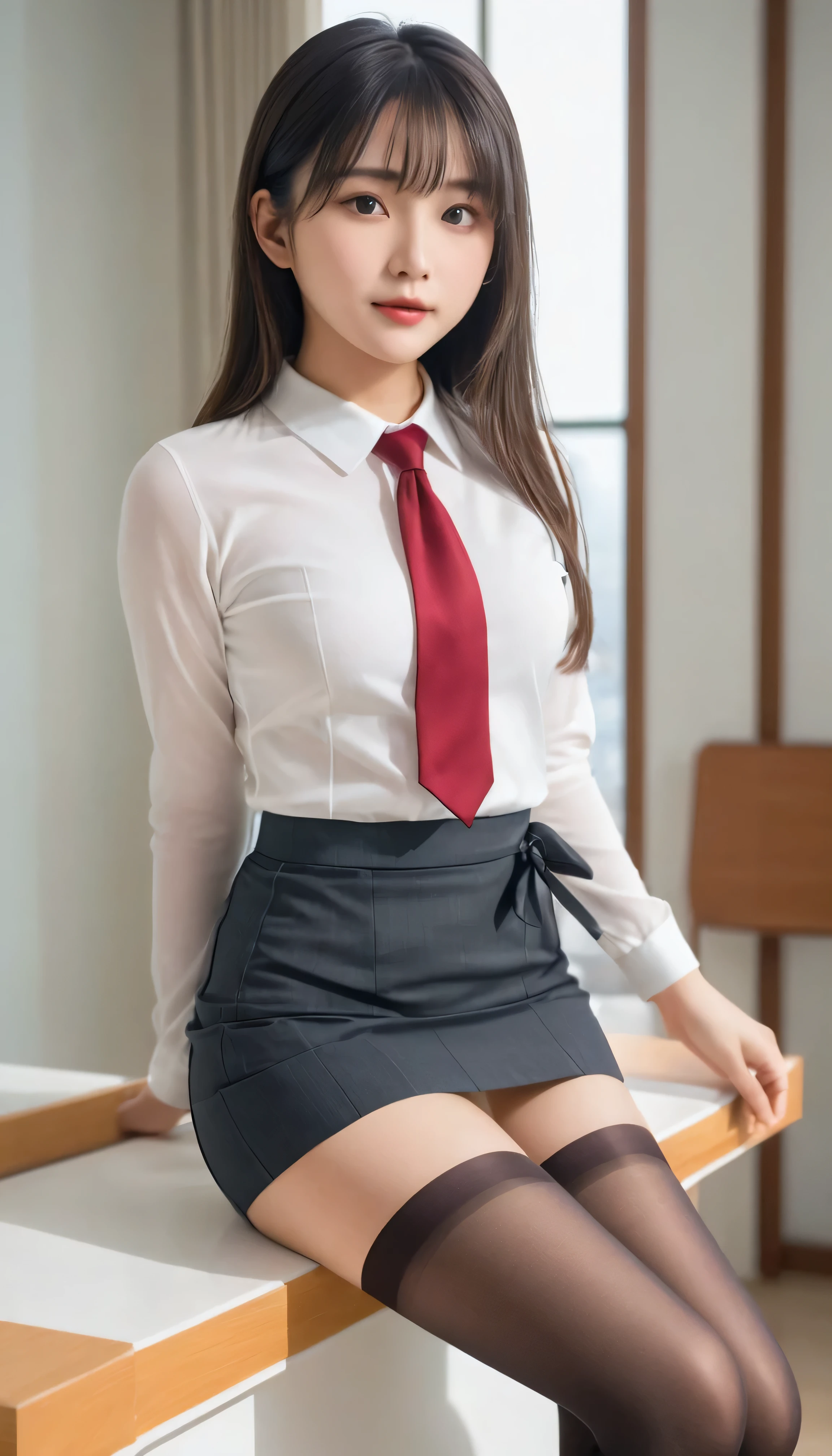 One girl,young, Shiny skin,Big Breasts,Beautiful leg lines:1.3, Narrow waist,, Knee socks,tie,((Pencil Skirt)),View your viewers,From below,whole body, ( pantyhose:1.3),(Golden ratio numbers),
masterpiece, Highest quality, The best vantage point, Super detailed and intricate, Very delicate and beautiful, Highest quality light, (Ray Tracing:1.1), Anti-aliasing