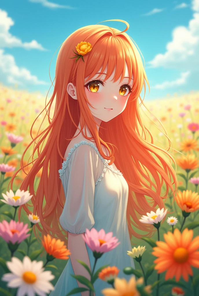 a girl about 25 with long orange hair to the middle of her back and a gentle, cute face. She is standing in a field of flowers. she is an anime character