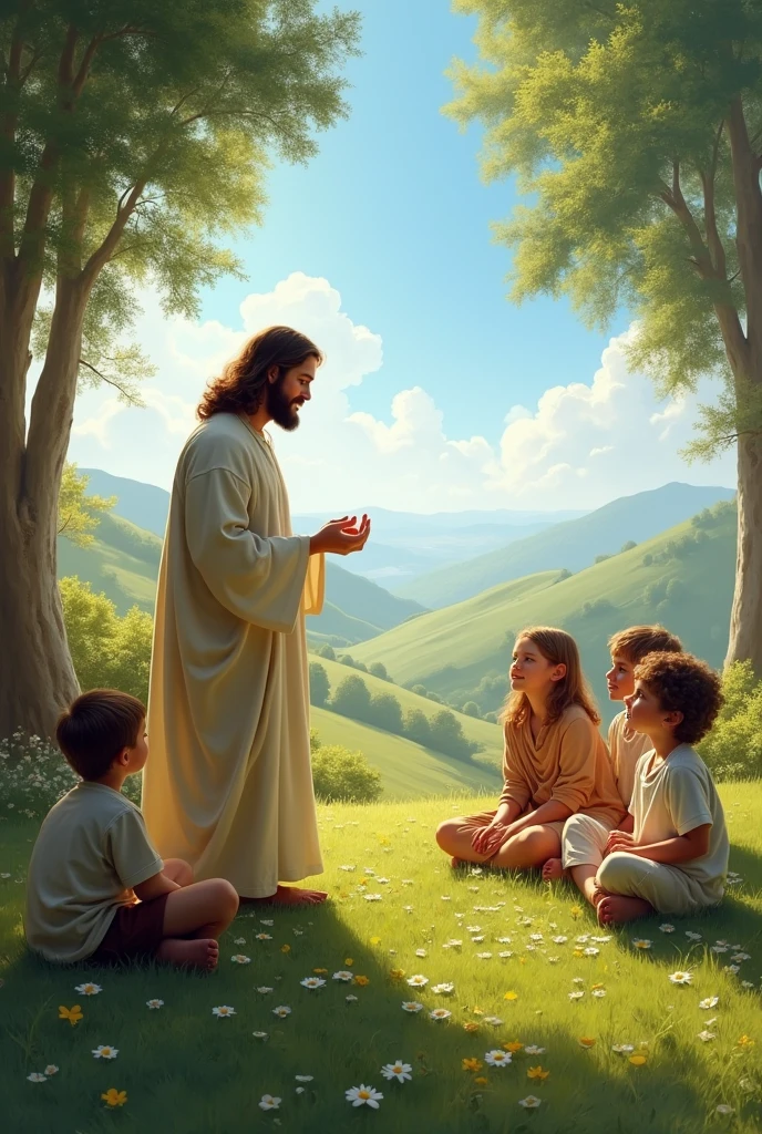 children sit on the grass and listen to Jesus 