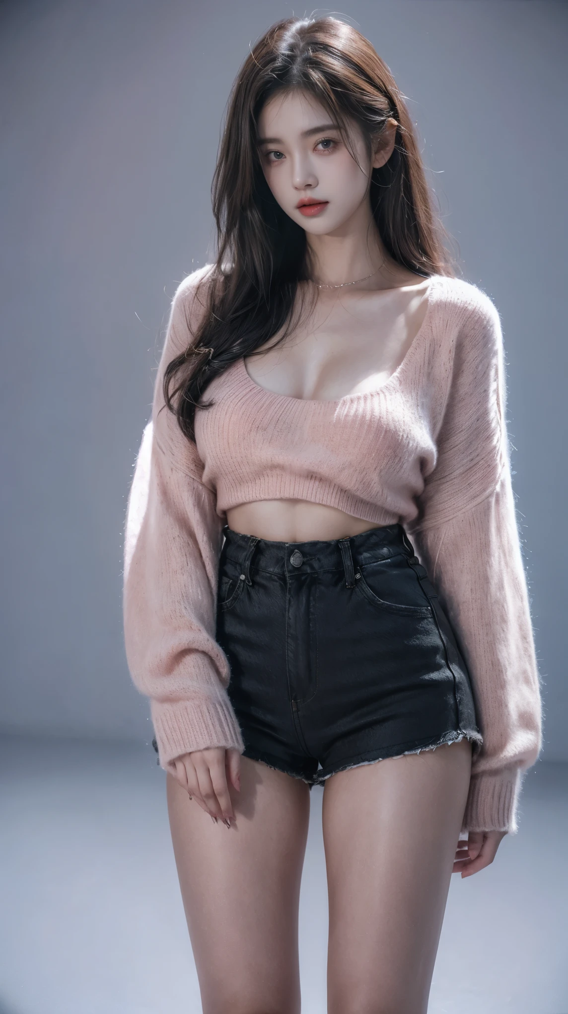 2 girl,(Wearing an oversized pink sweater), hot pants, Natural Medium Breast, plump body,Single Sidelock Hairpin Blush Modern Cinematic Lighting,ray tracing,Drop Shadow Wide Shot UHD,textured skin,high details,Best quality 4K, blue background