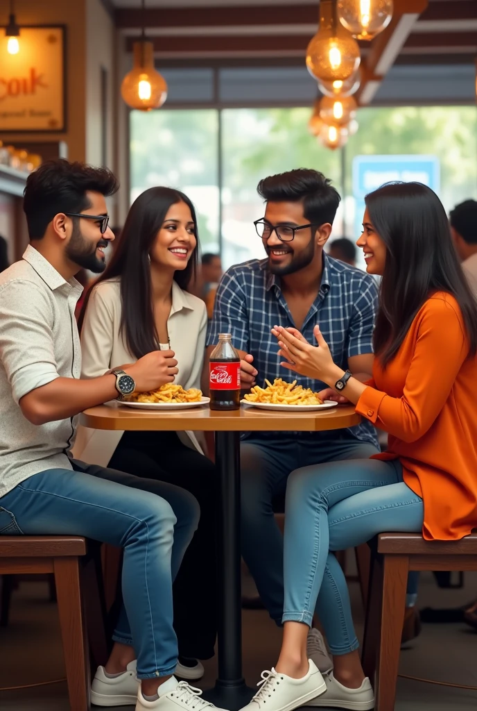 One young man is wearing a white printed shirt, jeans, smart watch and white shoes and another young man is wearing a blue checked shirt, jeans and specs, whereas a young woman is wearing a white Indian suit, black palazzo, white shoes and specs and the other young woman is wearing a carrot colour top and jeans, all four people are sitting in a restaurant and eating momos, French fries and Coca Cola. Both boys are sitting in middle.