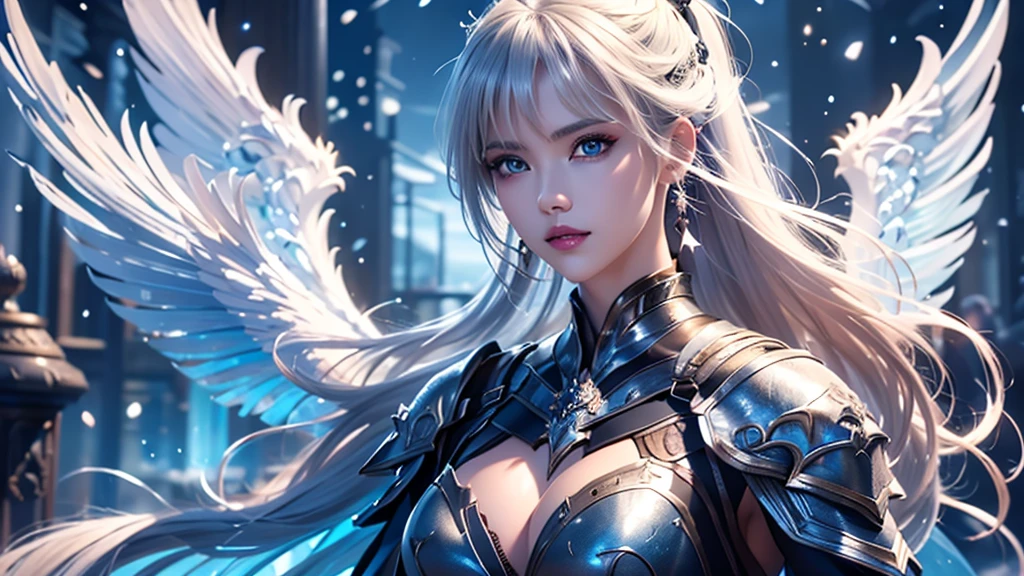 Close-up of woman holding sword and armor, Armor Girl, 2. 5D CGI anime fantasy artwork, Large Breasts，Epic fantasy digital art style, detailed Digital 2D fantasy art, Digital 2D fantasy art, original photo, (best quality:1.3), high resolution, (masterpiece), (lifelike:1.4), Professional photography, Be focused, High Dynamic Range, 8K resolution, Intricate details, Fine details, Depth of Field, Extremely detailed CG unified 8k wallpaper, masterpiece，poster，best quality，Official Art，（Beauty and aesthetics：1.2），（masterpiece：1.3），miss，Personal，Light Leather Armor，Complex Mode，winter，Snow Mountain，Medium distance photography，（midnight），dramatic，Glowing Wings，