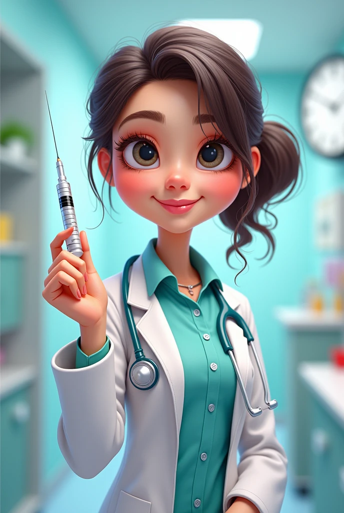 Draw a goofy but pretty female medical technologist holding a syringe 