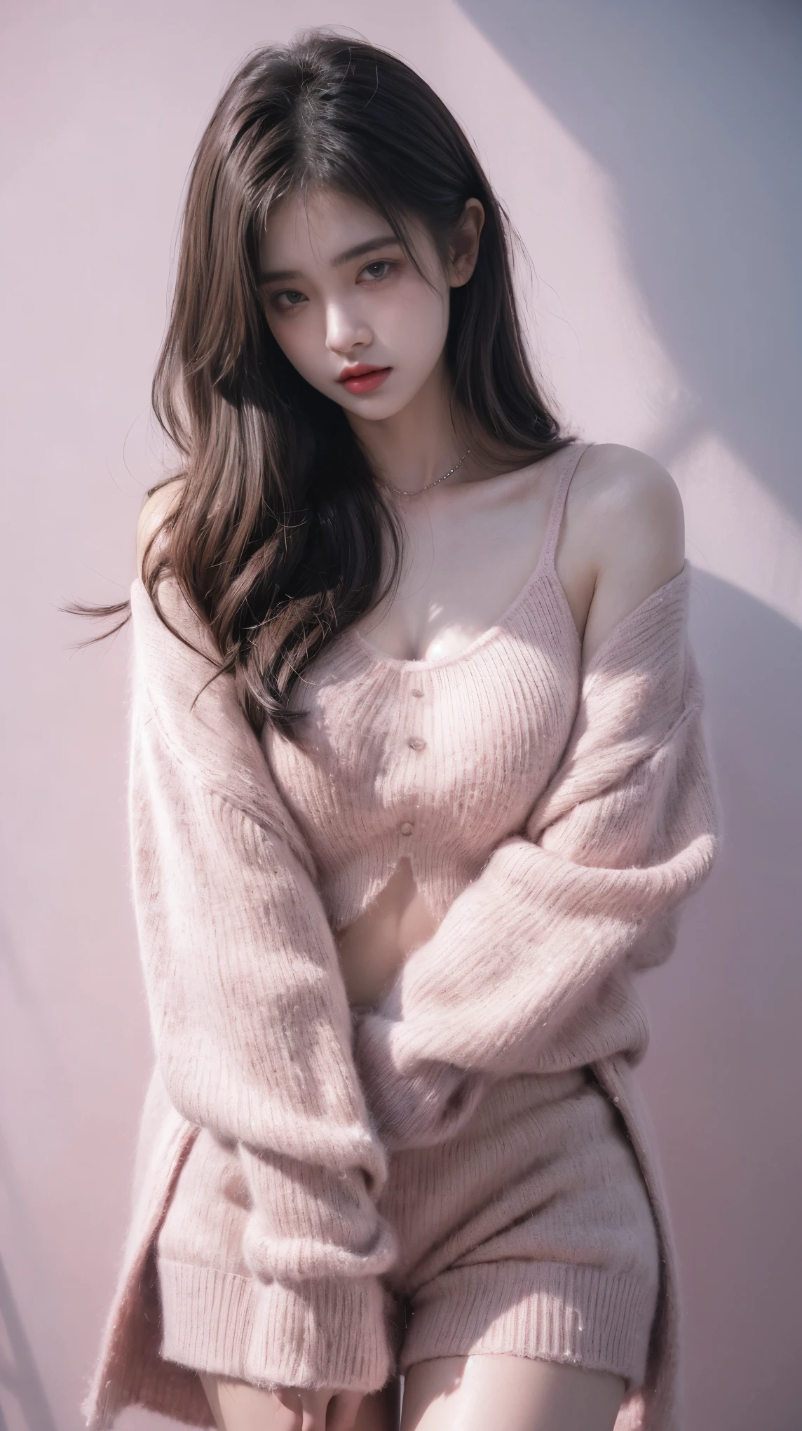 2 girl,(Wearing an oversized pink sweater), hot pants, Natural Medium Breast, plump body,Single Sidelock Hairpin Blush Modern Cinematic Lighting,ray tracing,Drop Shadow Wide Shot UHD,textured skin,high details,Best quality 4K, blue background