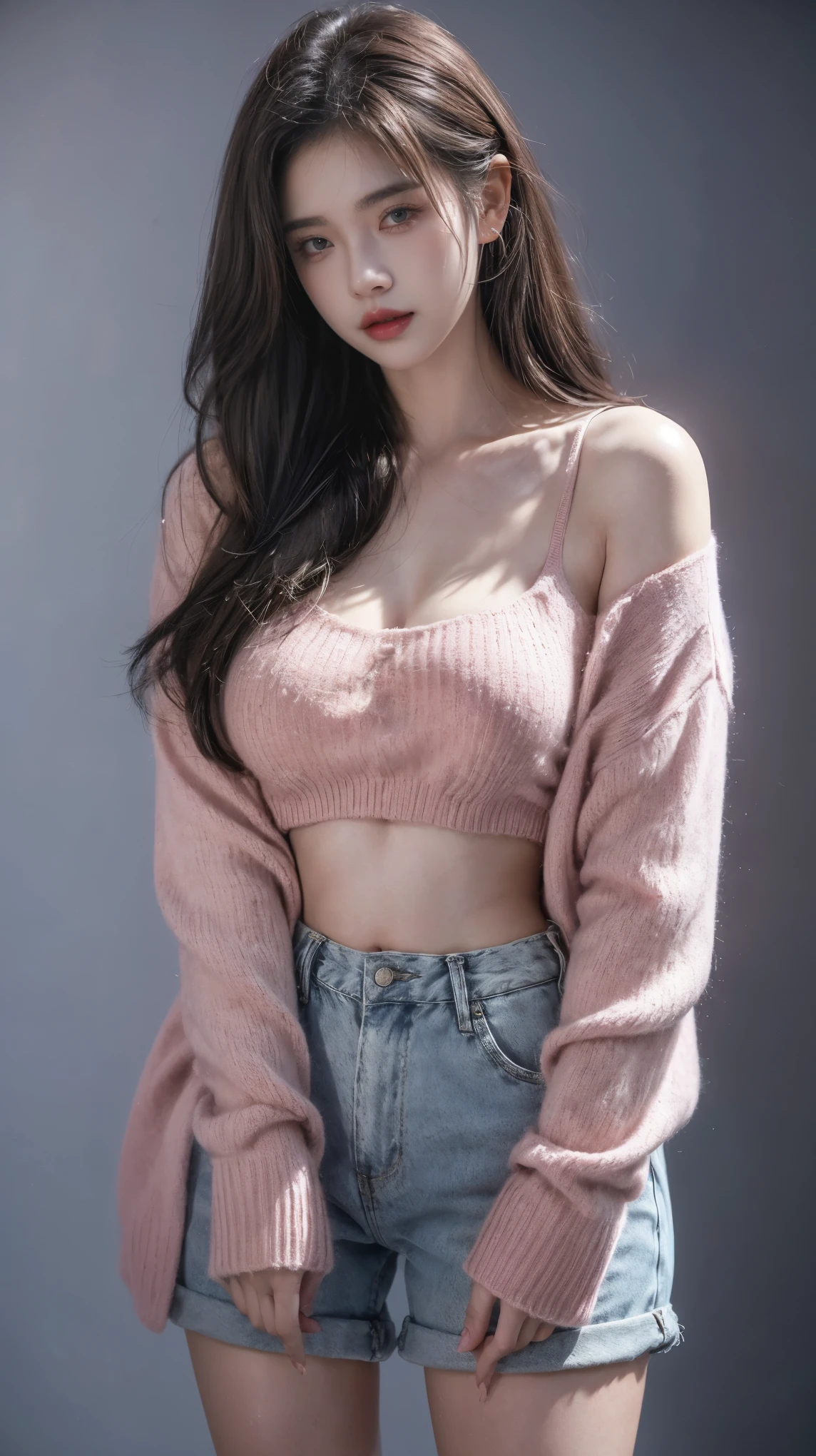 2 girl,(Wearing an oversized pink sweater), hot pants, Natural Medium Breast, plump body,Single Sidelock Hairpin Blush Modern Cinematic Lighting,ray tracing,Drop Shadow Wide Shot UHD,textured skin,high details,Best quality 4K, blue background
