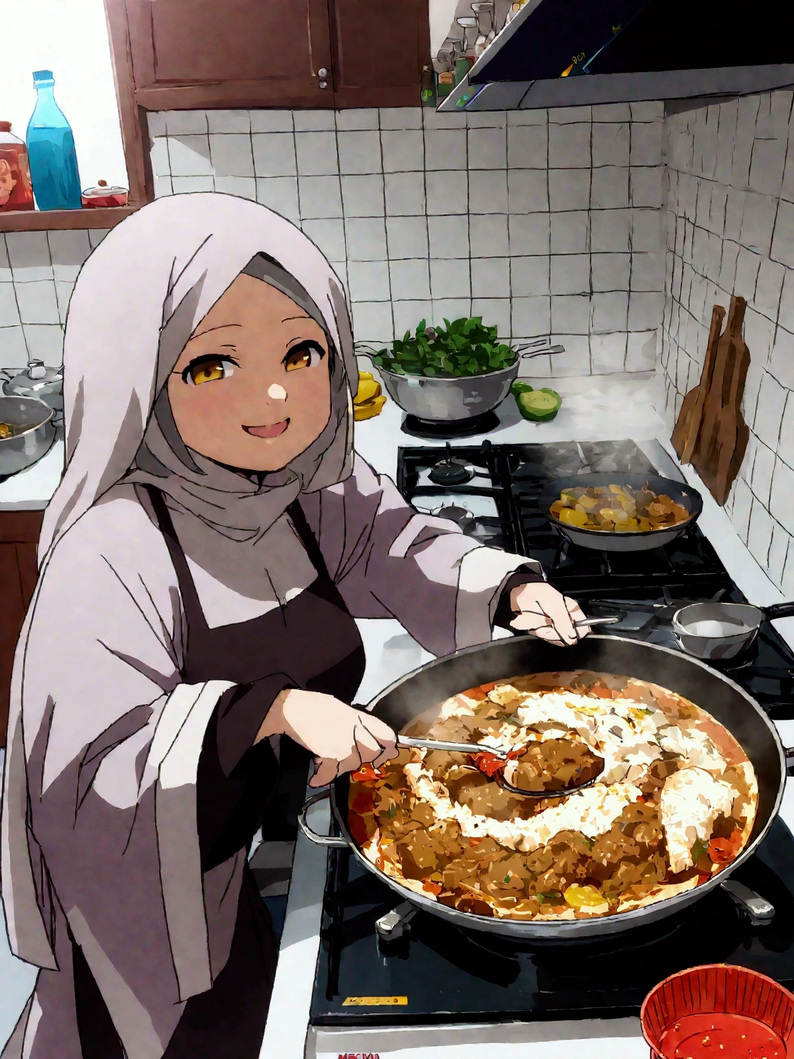 No face, faceless, Muslim girl in a light gray hijab cooking food rendang in a pan on a stove, yummy, cooking, with a happy expression, in a kitchen, full protrait, protrait, mekka, old picture, very tasty, dish, cooking show, it idn't greasy, anime style, anime