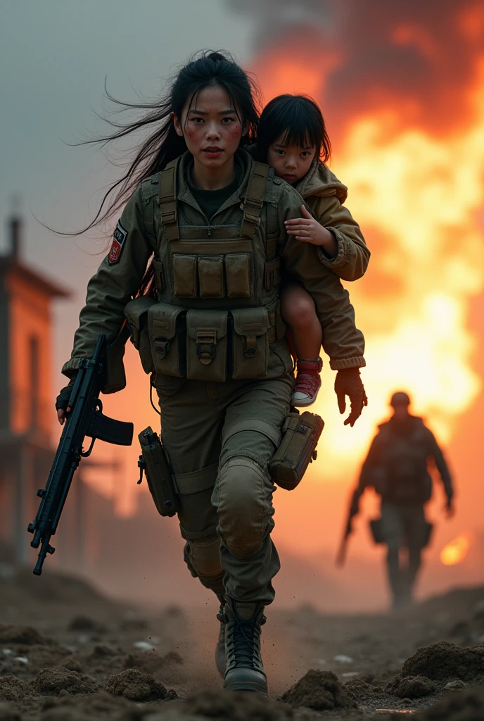 Photo-realistic, ultra-realistic, (very beautiful Japanese, famous Japanese idol:1.3), (Fully equipped for battle:1.5), m4a1 large assault rifle on her back, (amazing view of massive explosion:1), (painful impressions, crying:1.3), (wearing an army soldier's Camouflage outfits with military helmet:1.5), (at a battle field of Abandoned Building at night), very large breasts, (tactical vest, military harness:1.3), (military long boots:1), dynamic angle, spectacular, (injured, lying on a stretcher:1.3), (muddied, damaged wears, damaged body:1.3), (She is running with a large child on her back to escape:1.4), (shoot from side)