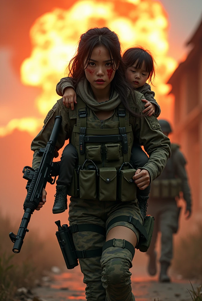 realistic image ZAU the Japanese woman gangster a black cap dirty white t-shirts And black pants holding high ripple gun save the young boy to 3d 3d WORDS "ZAU" texture broken stone font, with high action scene a sunlight abandoned house with street with fire smoke effects, with template character words anghel canas