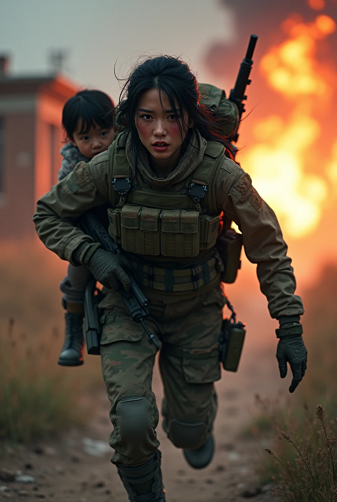 Photo-realistic, ultra-realistic, (very beautiful Japanese, famous Japanese idol:1.3), (Fully equipped for battle:1.5), m4a1 large ault rifle on her back, (amazing view of massive explosion:1), (painful impressions, crying:1.3), (wearing an army soldier's Camouflage outfits with military helmet:1.5), (at a battle field of Abandoned Building at night), very large bretactical vest, military harness:1.3), (military long boots:1), dynamic angle, spectacular, (injured, lying on a stretcher:1.3), (muddied, damaged wears, damaged body:1.3), (She is running with a large child on hck to escape:1.4), (shoot from side)