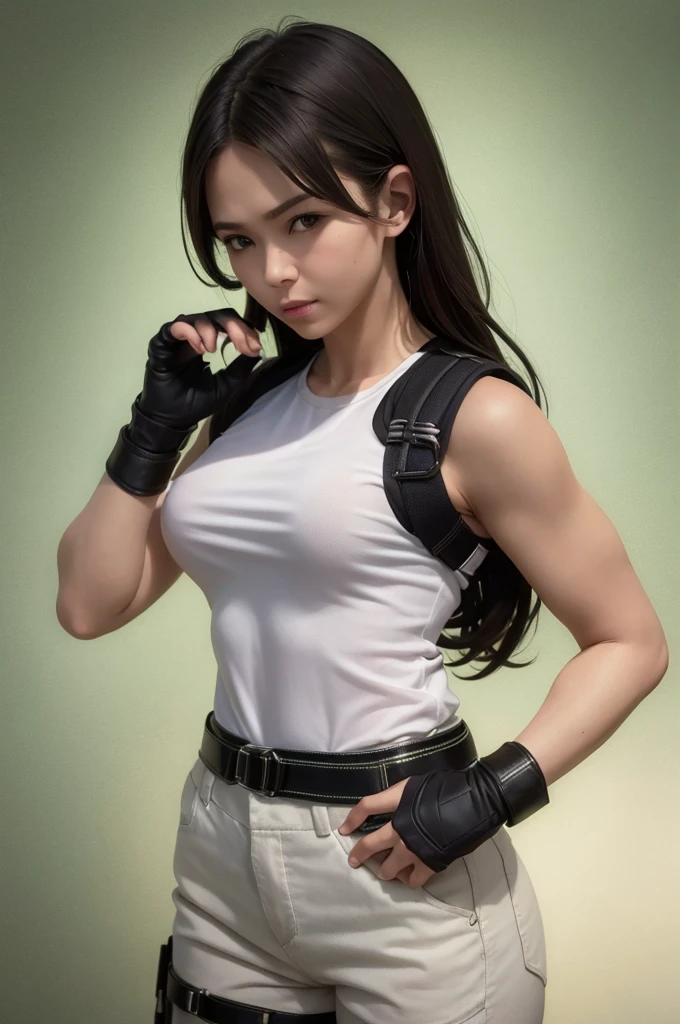 masterpiece, best quality:1.2), expressive eyes, perfect face, highres, 1 girl, solo, (female:1.5), chris redfield, green taut shirt, white pants, fingerless gloves, belt, hands to hip, standing, portrait, looking at the viewer,
