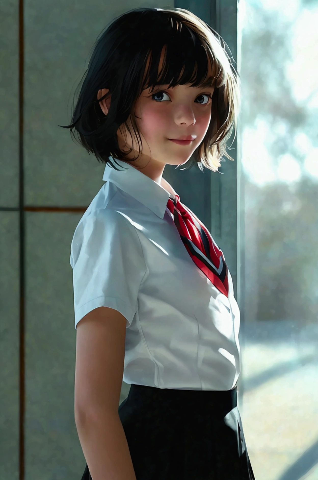 realistic_photograph,13yo_1girl,school_uniform,micro_skirt, looking at the viewer,  Standing,smile