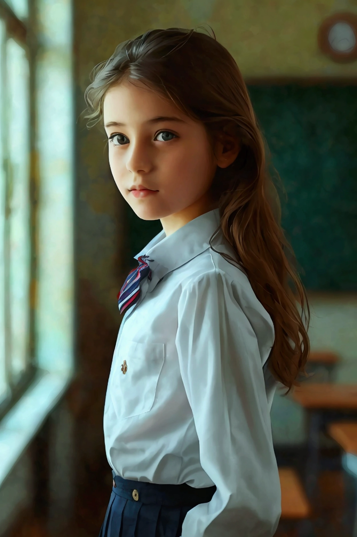 realistic_photograph,13yo_1girl,school_uniform,micro_skirt, looking at the viewer,  Standing,smile