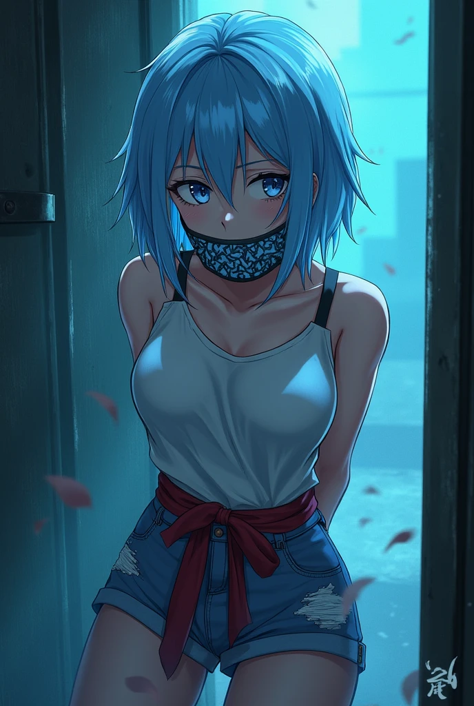 create an image of a female character (do anime demon slayer) with ice breath and light blue hair with her arms tied behind her back and her mouth gagged with a long cloth in a captivity