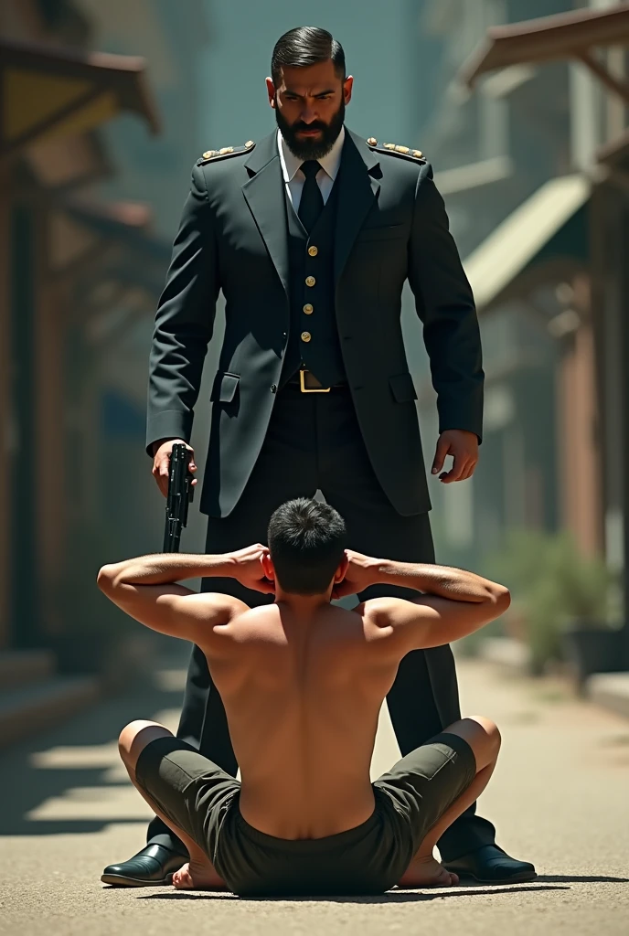 Armed bearded strong Persian policeman searching a shirtless man, in shorts and flip-flops, with legs open and hands raised behind the head.