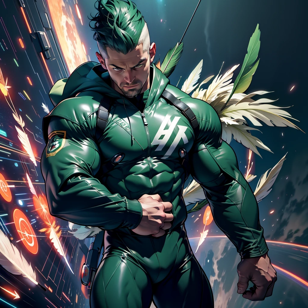 32k,masterpiece, best quality, detailed face, natural eyes,1man, solo mature man, muscled and mature, stephen amell as an astronaut wearing future space suit, dark green suit, showing muscles and bulge ,(((floating like a feather))) in the space inside a space shuttle , (((with "arrow" text and logo on his suit ))), (((full body))), intricate Detailed background