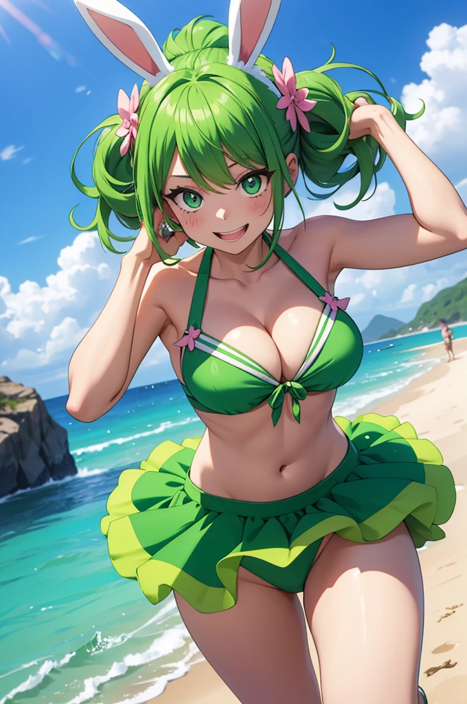 Visualize a female version of Izuku Midoriya from My Hero Academia reimagined as a half-bunny hybrid, wearing a cute and stylish bikini. Her short green hair is styled in a playful and slightly tousled manner, with a few strands accentuating her bunny-like features. Her large, expressive green eyes are bright and full of energy, reflecting both her determination and her newfound playful charm.

She has the following bunny features:

Bunny Ears: She has large, fluffy bunny ears atop her head, covered in soft, green fur that matches her hair. The ears are upright and alert, with pink accents on the insides, adding a touch of cuteness and playfulness.
Tail: A small, fluffy bunny tail is situated at the base of her spine, covered in the same green fur. The tail is cute and adds a playful element to her appearance.
Paws: Her hands and feet are slightly more bunny-like, with soft pads and small, retractable claws, yet they retain a human structure for practicality. These features give her a unique, hybrid charm.
She is dressed in a bikini with the following details:

Bikini Top: The bikini top is a vibrant green, matching her signature color, with cute details such as little bows or patterns that enhance her playful look. The top is designed to be both stylish and practical, complementing her hybrid features while providing comfort.
Bikini Bottom: The bikini bottom matches the top, featuring a fun design that includes playful elements such as ruffles or patterns. It is designed for comfort and movement, allowing her to enjoy her activities freely.
Additional Details:

Pose: Female Izuku is captured in a playful pose, perhaps mid-action while hopping or standing with a cheerful expression. Her stance is dynamic and energetic, showcasing her hybrid nature with a smile that reflects her joy and enthusiasm.
Background: The setting is a sunny beach or a lush, vibrant garden, with elements like a soft sa