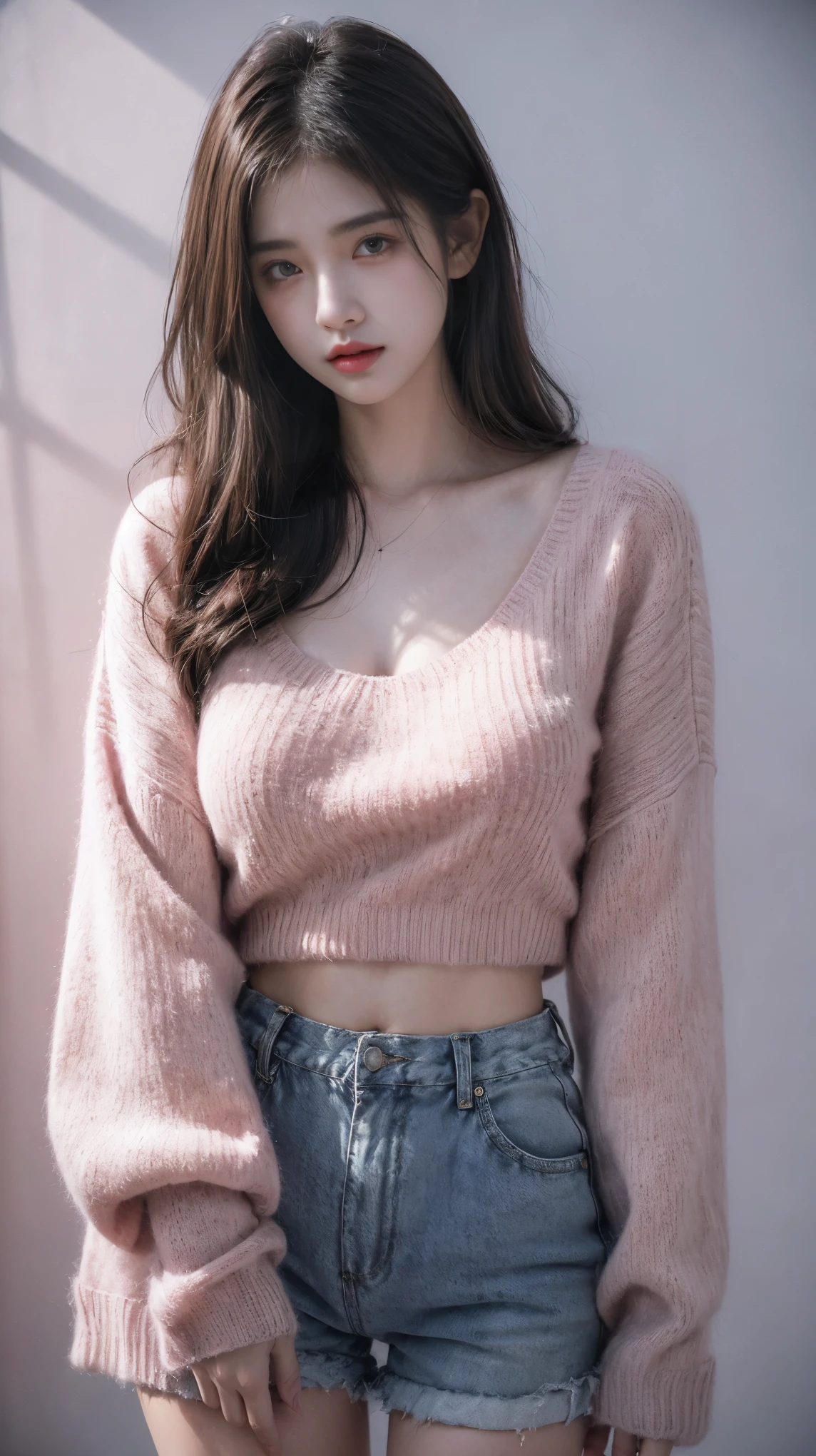 2 girl,(Wearing an oversized pink sweater), hot pants, Natural Medium Breast, plump body,Single Sidelock Hairpin Blush Modern Cinematic Lighting,ray tracing,Drop Shadow Wide Shot UHD,textured skin,high details,Best quality 4K, blue background