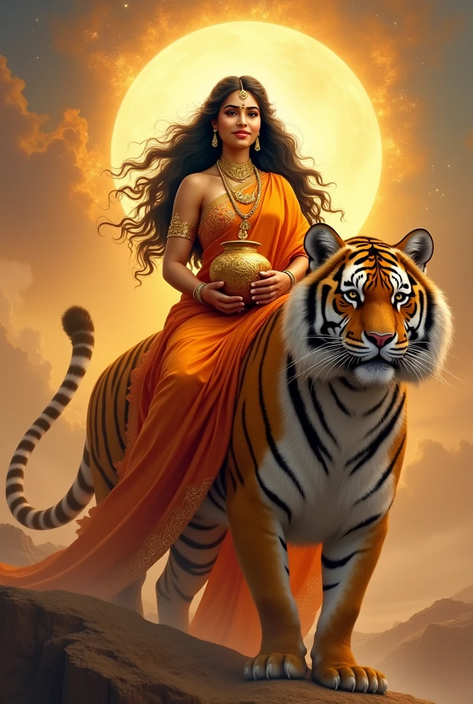 "Create an image of Goddess Kushmanda Devi, depicted in all her divine glory as she rides an enormous, majestic tigress. She should be dressed in a vibrant orange saree, symbolizing her connection to the sun and her role as the creator of the universe. The saree should be intricately embroidered with gold patterns and sacred symbols, highlighting her cosmic and regal presence. Her skin should radiate with a golden glow, reflecting her divine nature and warmth. Her face should be serene yet powerful, with large, compassionate eyes and a gentle, confident smile that exudes grace and strength, black beautiful wavy hair, extreme long flowing hair.

With both the hands, she is holding an extreme very large beautiful designed pot on her lap in her front.

The tigress she rides should be depicted as extremely large and powerful, with a fierce yet protective expression. The tigress's presence should convey strength, courage, and loyalty, perfectly complementing the goddess's commanding and nurturing nature.

The background should feature a celestial, vibrant landscape, perhaps with a warm, golden glow or the rays of a rising sun, symbolizing her role in energizing and creating the universe. The overall image should capture the essence of Goddess Kushmanda Devi’s creative power, divine authority, and nurturing warmth, presented in a highly realistic and detailed manner, with the enormous tigress emphasizing her strength and protective energy."