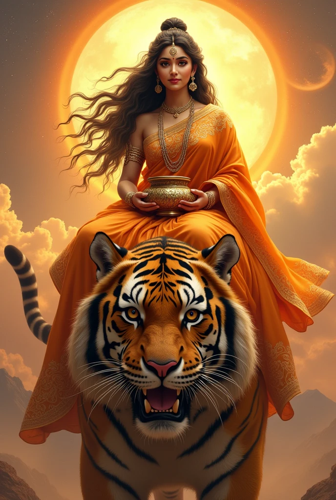 "Create an image of Goddess Kushmanda Devi, depicted in all her divine glory as she rides an enormous, majestic tigress. She should be dressed in a vibrant orange saree, symbolizing her connection to the sun and her role as the creator of the universe. The saree should be intricately embroidered with gold patterns and sacred symbols, highlighting her cosmic and regal presence. Her skin should radiate with a golden glow, reflecting her divine nature and warmth. Her face should be serene yet powerful, with large, compassionate eyes and a gentle, confident smile that exudes grace and strength, black beautiful wavy hair, extreme long flowing hair.

With both the hands, she is holding an extreme very large beautiful designed pot on her lap in her front.

The tigress she rides should be depicted as extremely large and powerful, with a fierce yet protective expression. The tigress's presence should convey strength, courage, and loyalty, perfectly complementing the goddess's commanding and nurturing nature.

The background should feature a celestial, vibrant landscape, perhaps with a warm, golden glow or the rays of a rising sun, symbolizing her role in energizing and creating the universe. The overall image should capture the essence of Goddess Kushmanda Devi’s creative power, divine authority, and nurturing warmth, presented in a highly realistic and detailed manner, with the enormous tigress emphasizing her strength and protective energy."