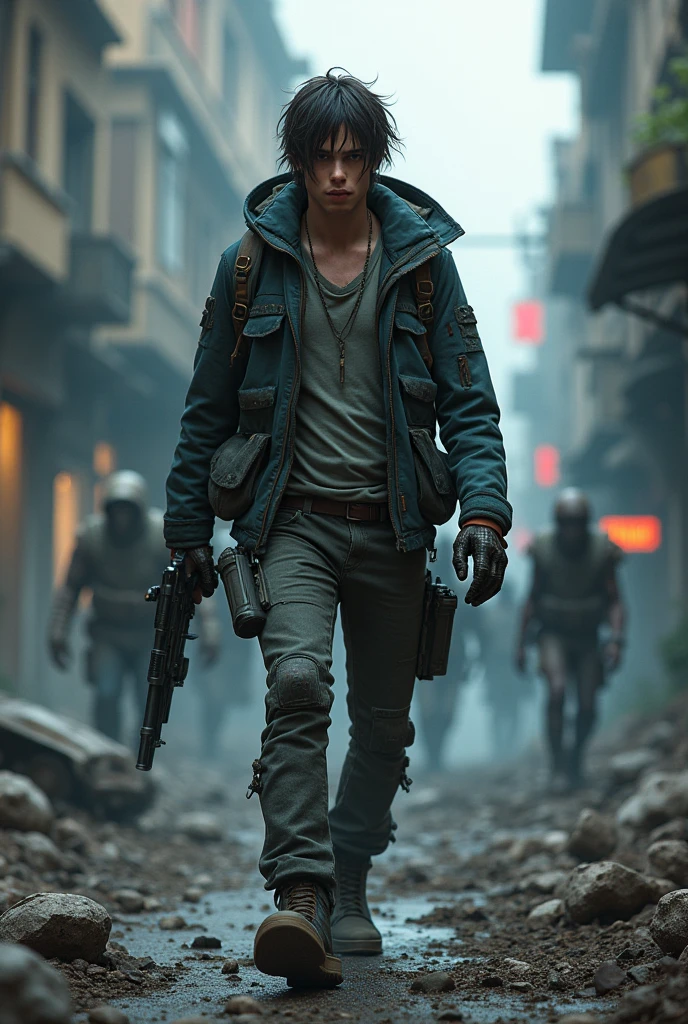 handsome young man, Longhaire, zombie apocalyptic world, makeshift equipment, cyberpunk