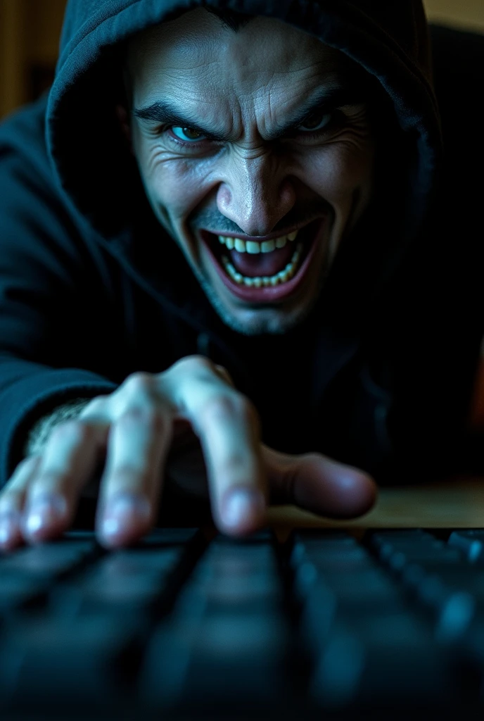 a large dark computer keyboard, a finger touching the keyboard, a sinister smile on a person's face, close-up POV from the finger's perspective showing the evil smile, detailed facial features, dramatic lighting, (best quality,4k,8k,highres,masterpiece:1.2),ultra-detailed,(realistic,photorealistic,photo-realistic:1.37),cinematic lighting,dramatic shadows,dramatic chiaroscuro,high contrast,moody atmosphere