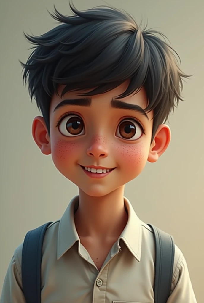 A. Boy with fair colour wearing a Indian school dress and have a big nose and black head and pimple on face and not good teeth and oval face shape and his age
And his height is 5'7 with not so dark colour
Make it so handsome