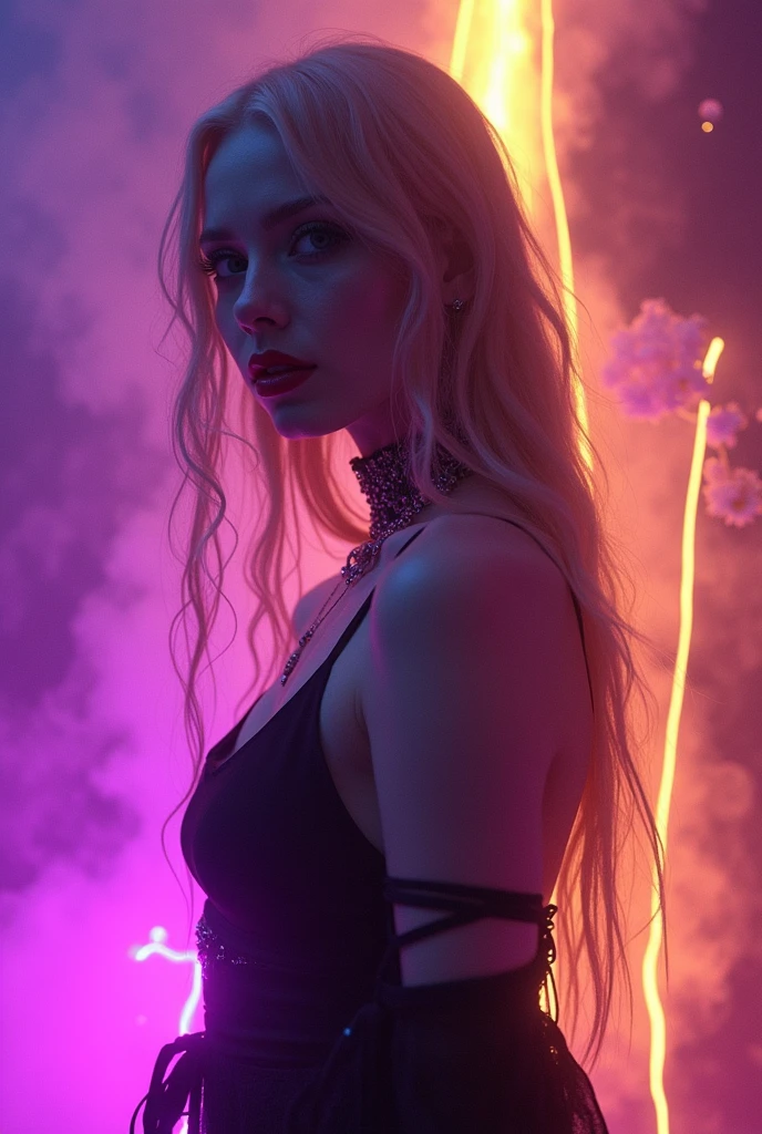 ((stunning best quality photo masterpiece of an incredible goth woman)), rear side view, intense eyes, ((stunning body, pretty awesome gluteus, red lips, pale skin)) waist up, She is the goth goddess of rave night and fertility, ((She’s covered in dense glowing fog clouds floating light particles ultra bright purple and yellow neon strings emanating from her amazing body)). beautiful backlit shape effect high detailed, covered in neon heavy smoke clouds and electrical energy superpower rays, purple-yellow neon color theme, vivid colors palette,best quality, lsd effect, acid color effect, uv blacklight effects, stunning hdr, depth/field