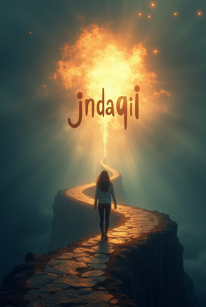 "Create an image of a person walking along a challenging and winding path, symbolizing life's difficult journey. The path should be surrounded by a mix of bright and dark elements, representing the contrast between hope and hardship. In the distance, faint rays of light should break through, symbolizing hope and perseverance. The person's expression should be determined, embodying resilience and courage. The background can include subtle hints of dreams and aspirations, like soft glows or distant stars. The overall scene should evoke a sense of struggle, but also of unwavering hope and the promise of a new dawn. Include the text 'Jindagi' in bold, elegant font, integrated into the image to highlight the essence of life’s journey