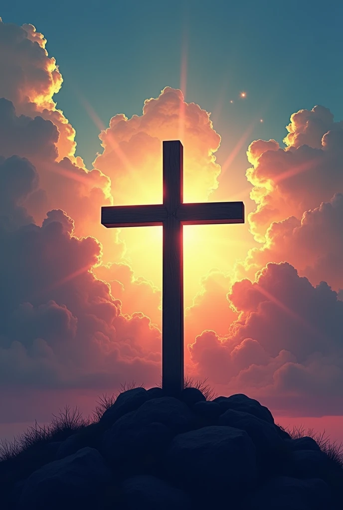 An art to put on a shirt involving an empty cross, illuminated by the sky 
