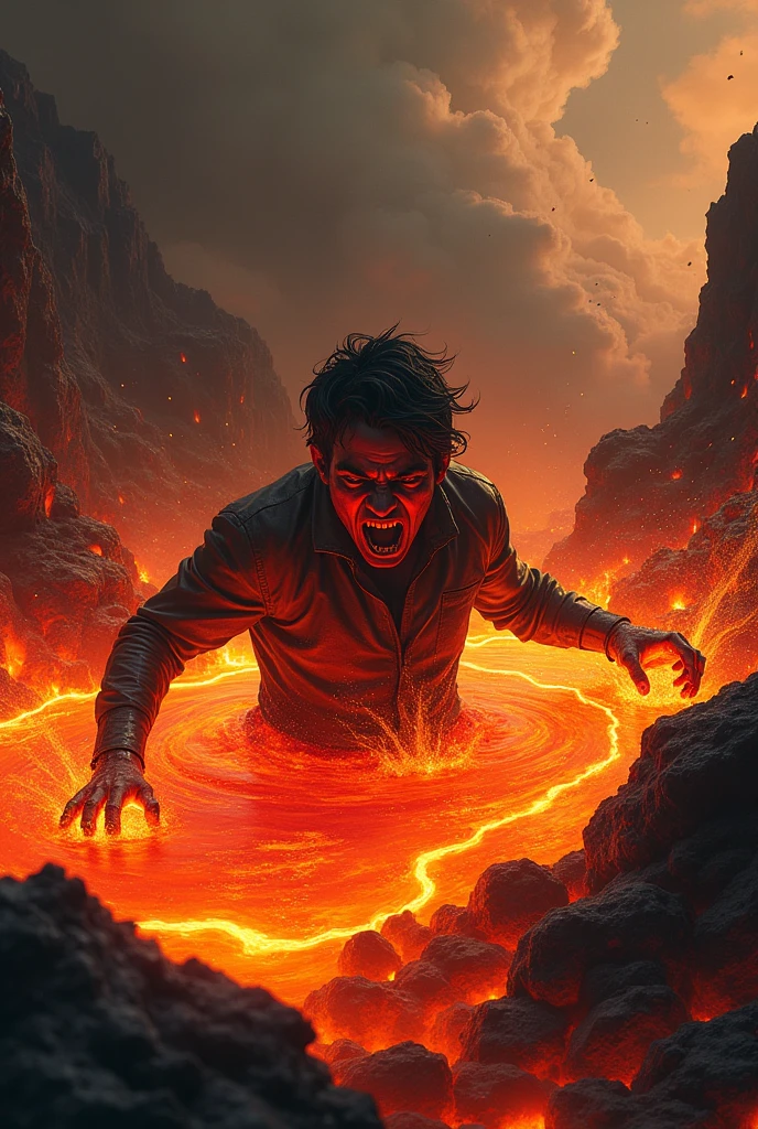 A person sinking into lava with half body in lava is scared from sinking into lava