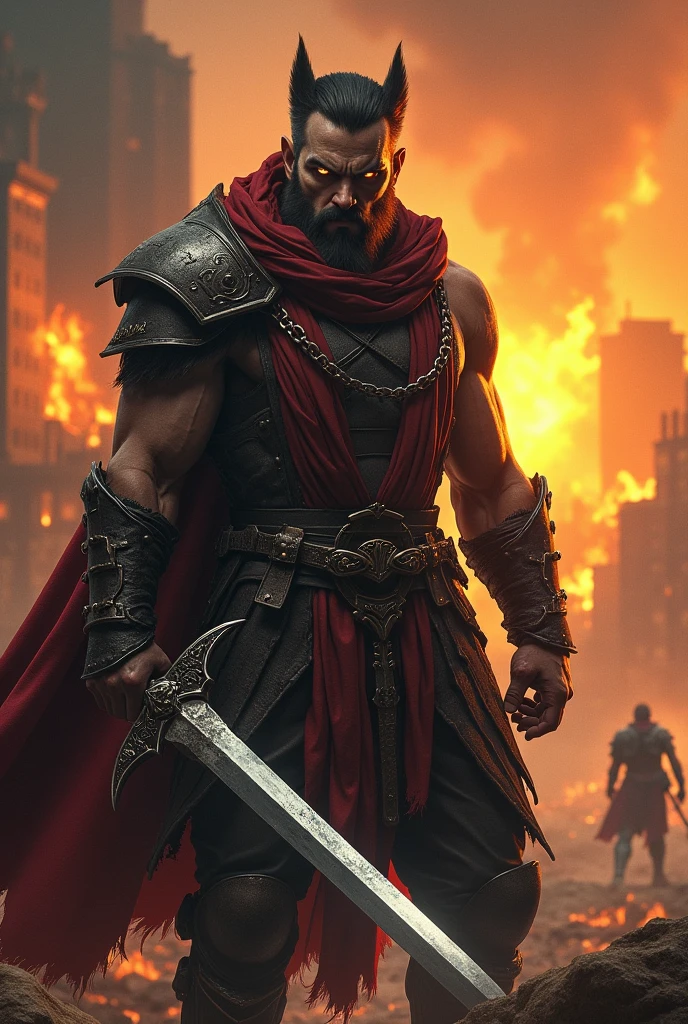 A man who is holding the sword and behind him a city is burning and his look like a wolf eyes