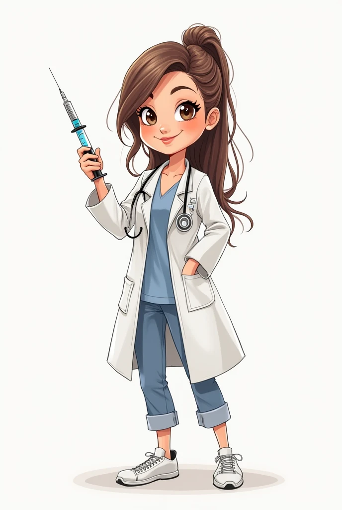 Draw a sketch of a goofy but pretty female medical technologist holding a syringe