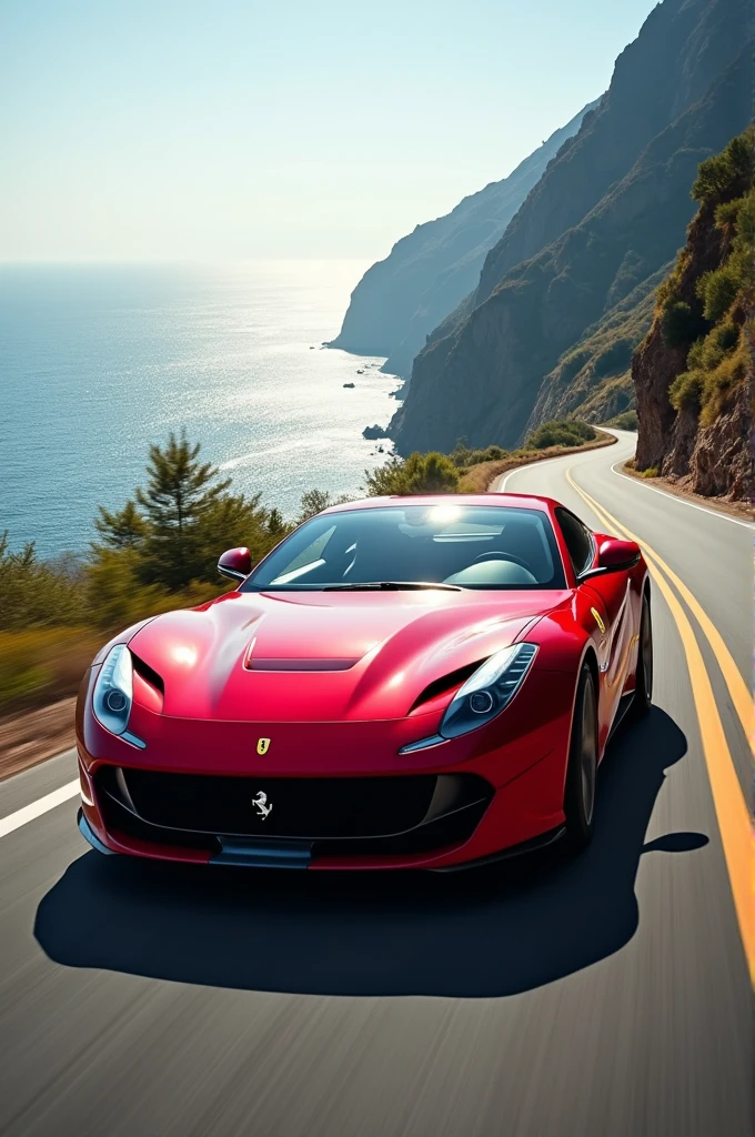 Ferrari 812 GTS superfast car racing on highway in beach red col