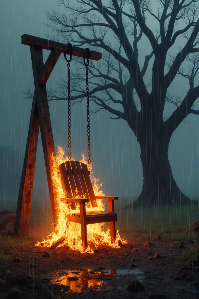 Create image of wooden chair on fire with rain around it with a tree in the background with a steel gallows