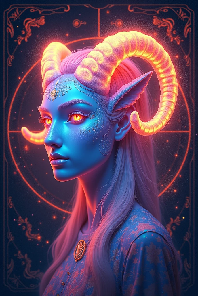 glowing rainbow color aries zodiac face only with aries zodiac designs in background