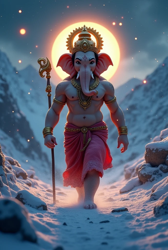  cinematic animated character art, shillouete of indian elephant headed Lord ganesh walking in Himalayas, red dhoti, strong arms, body covered in white ash, wearing detailed golden crown and armbands, multiple hands, divine glow in background, holding a stick, strong snow Blizzard , night sky, night time, glowing fireflies in atmosphere, darkness in atmosphere, colour graded, vibrant, 4khd