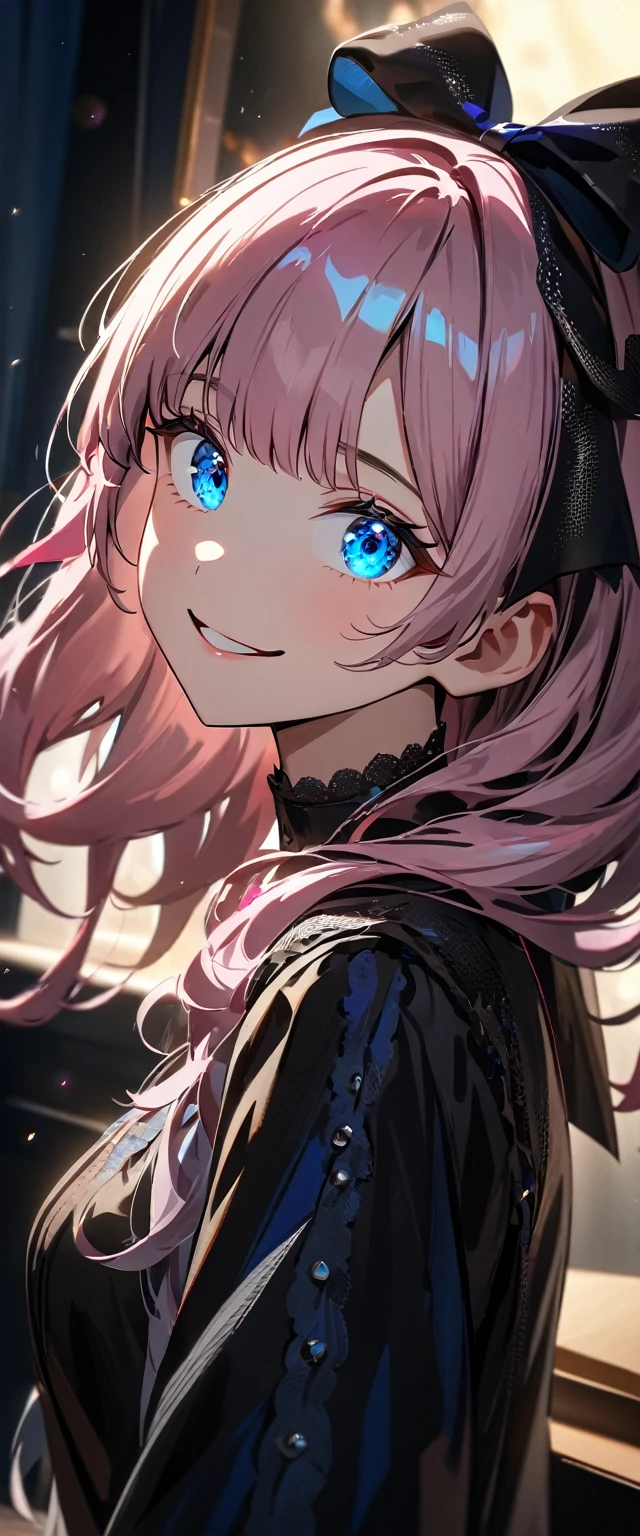 (((One girl))), Shibuya, long pink hair, (looking at viewer), upper body, breasts, teenager, head tilt:1.3, (((blue eye))), constricted pupils, (from side:1.3), ((happy smile)), gothic lolita:1.3, hair ornament, hair ribbon, anime style, (best quality, 4k, 8k, highres, masterpiece:1.2, ultra-detailed, ultra-detailed eyes, HDR, UHD, studio lighting, ultra-fine painting, sharp focus, physically-based rendering, extreme detail description, professional, vivid colors, bokeh)