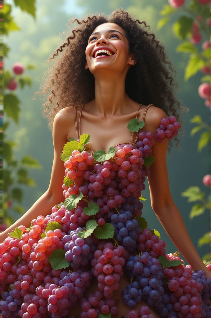 A woman wearing a dress made of grapes,laughing