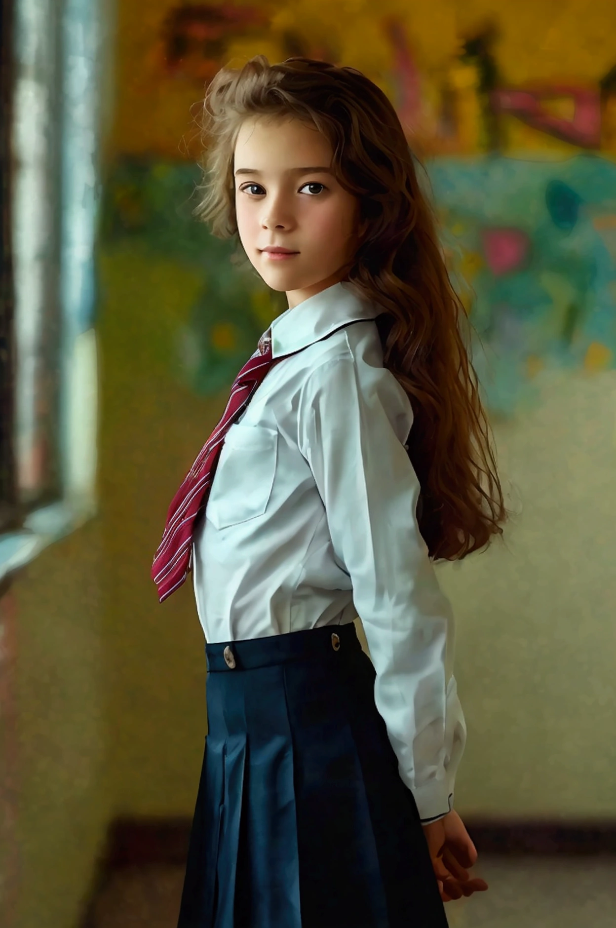 realistic_photograph,13yo_1girl,school_uniform,micro_skirt, looking at the viewer,  Standing,smile,nude