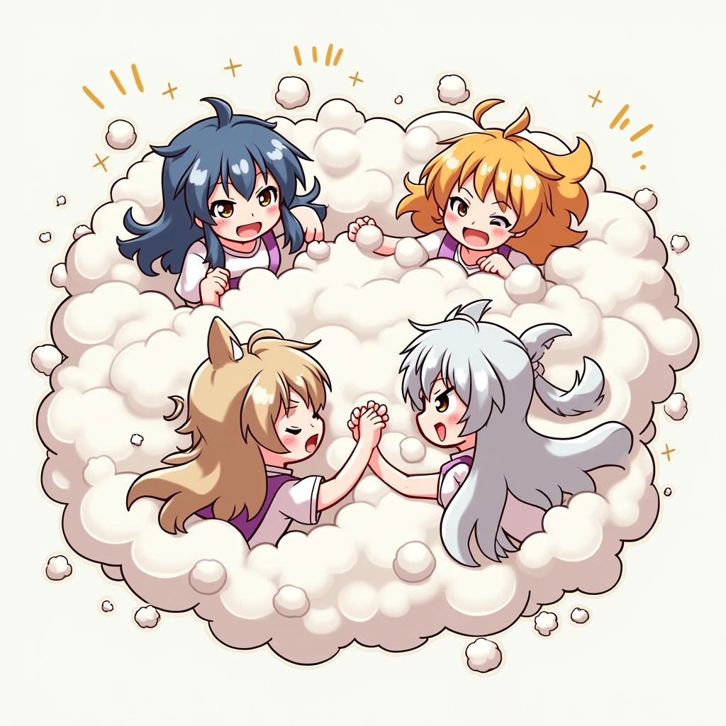 An anime-style illustration depicting many animal-girls playfully wrestling with each other inside a comical fight cloud.
each animal-girl has different colored hair.
their faces,hands,and feet are visible emerging from the cloud as they tussle humorously, with the rest of their bodies completely hidden inside the cloud.
the illustration emphasizes the humorous and energetic nature of their scuffle,with a fluffy and exaggerated fight cloud.