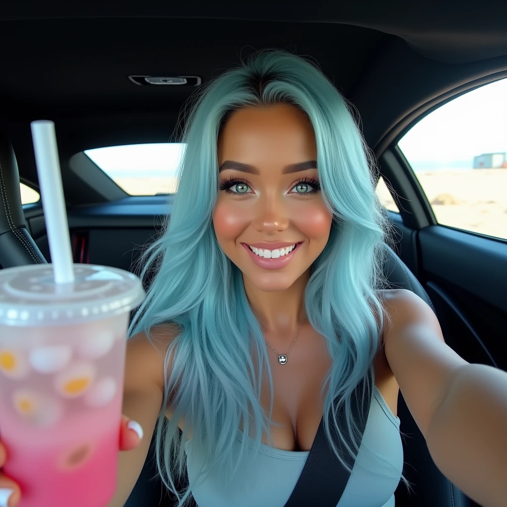 Smiling biracial latina with light blue eyes, long light blue hair with big large breasts, sportwear, in her sportcar, hold a bubble tea, Résolution Haute, selfie pov, photo realistic